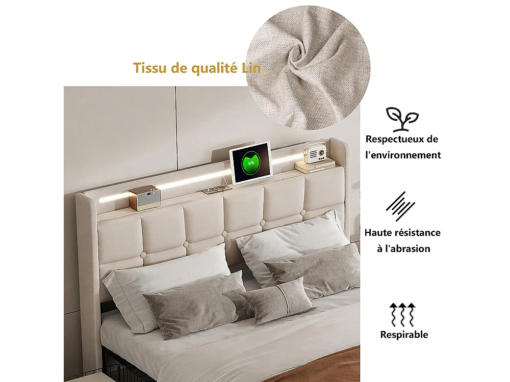 Lit rembourré 140 x 190 cm - Lit double avec LED et USB - Lit de rangement avec 4 tiroirs - Cadre de lit avec tête et cadre à lames - Linge de maison - Beige