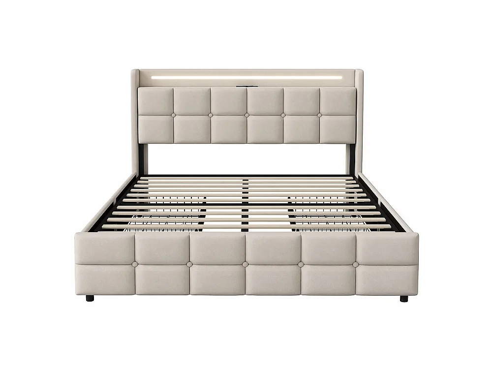 Lit rembourré 140 x 190 cm - Lit double avec LED et USB - Lit de rangement avec 4 tiroirs - Cadre de lit avec tête et cadre à lames - Linge de maison - Beige