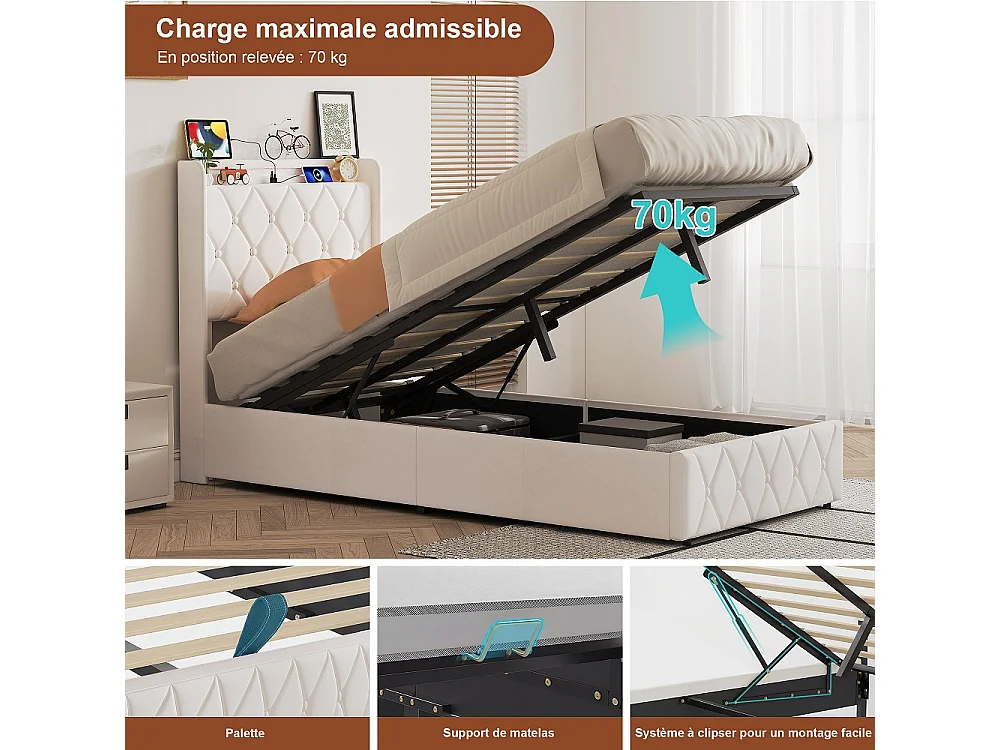 Lit rembourré 90 x 200 cm - Lit de rangement hydraulique avec LED & USB - Lit double avec espace de rangement et cadre à lames -Velvet - Beige