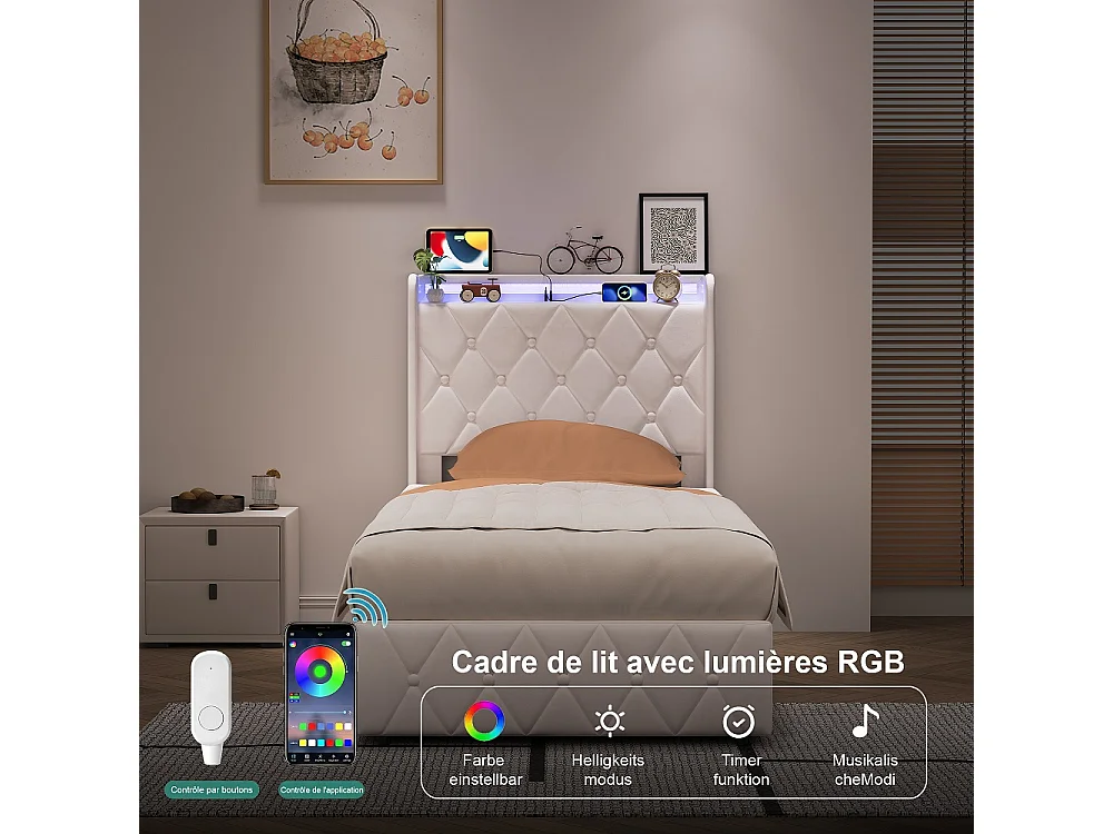 Lit rembourré 90 x 200 cm - Lit de rangement hydraulique avec LED & USB - Lit double avec espace de rangement et cadre à lames -Velvet - Beige