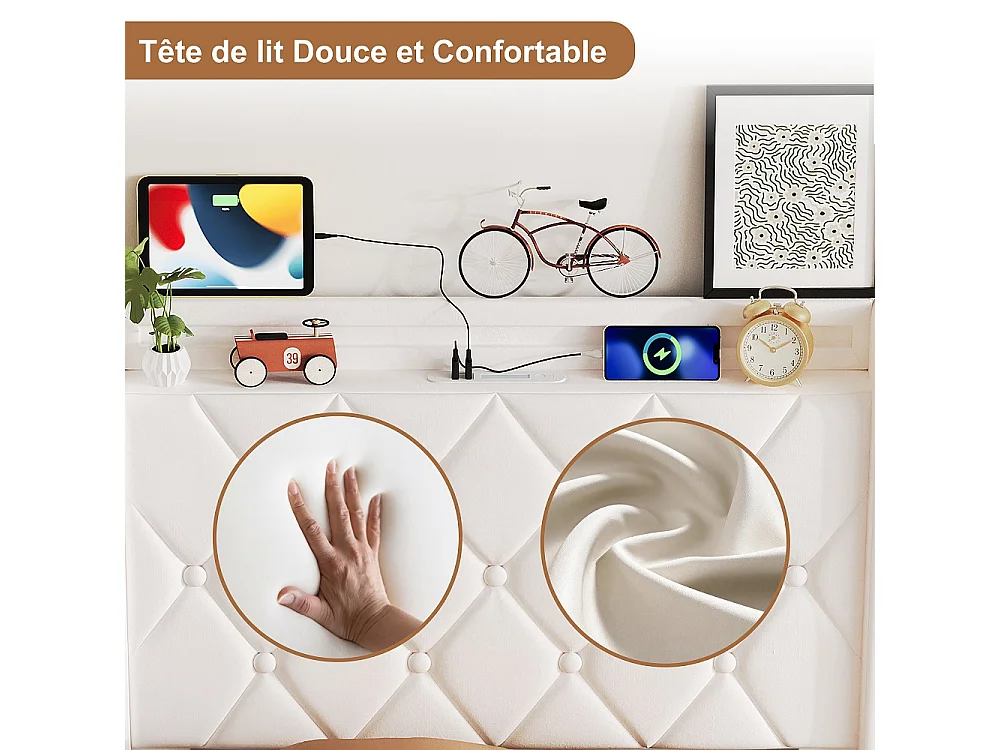 Lit rembourré 90 x 200 cm - Lit de rangement hydraulique avec LED & USB - Lit double avec espace de rangement et cadre à lames -Velvet - Beige