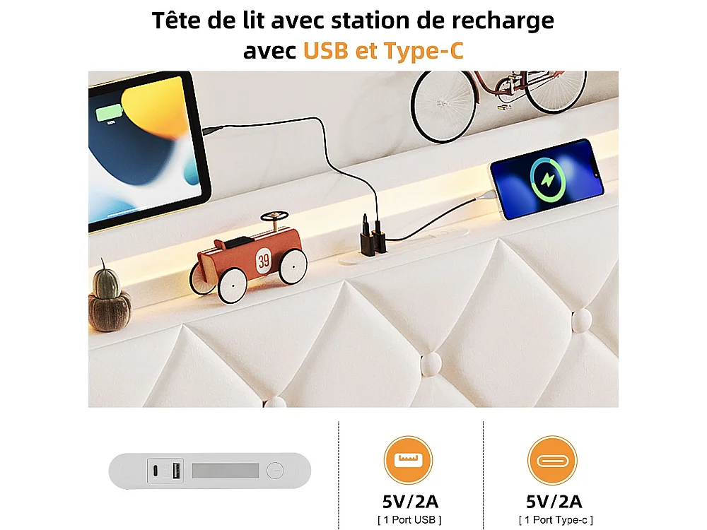 Lit rembourré 90 x 200 cm - Lit de rangement hydraulique avec LED & USB - Lit double avec espace de rangement et cadre à lames -Velvet - Beige