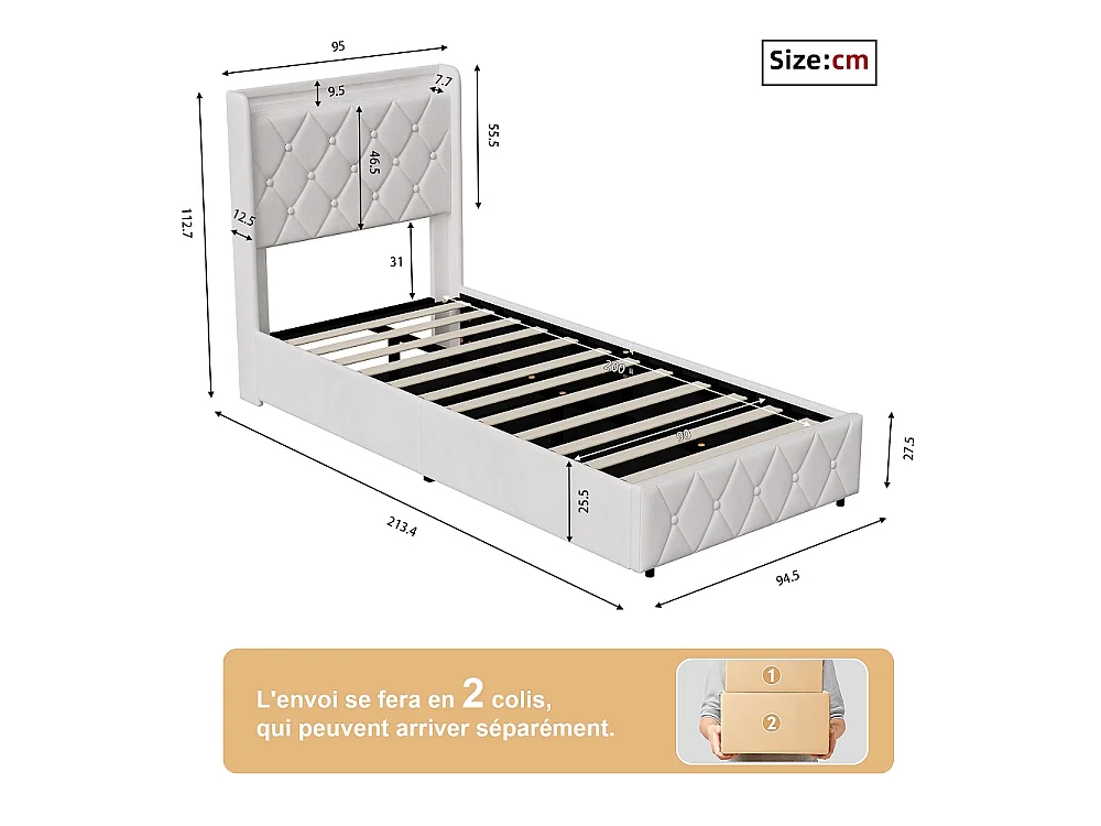 Lit rembourré 90 x 200 cm - Lit de rangement hydraulique avec LED & USB - Lit double avec espace de rangement et cadre à lames -Velvet - Beige