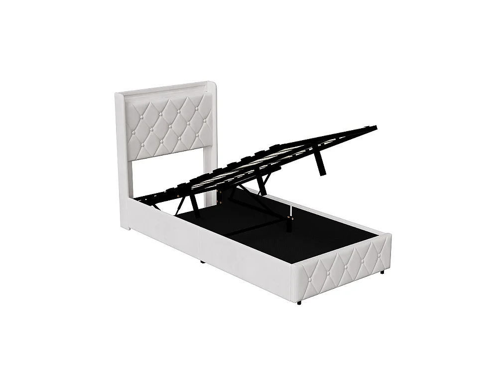 Lit rembourré 90 x 200 cm - Lit de rangement hydraulique avec LED & USB - Lit double avec espace de rangement et cadre à lames -Velvet - Beige