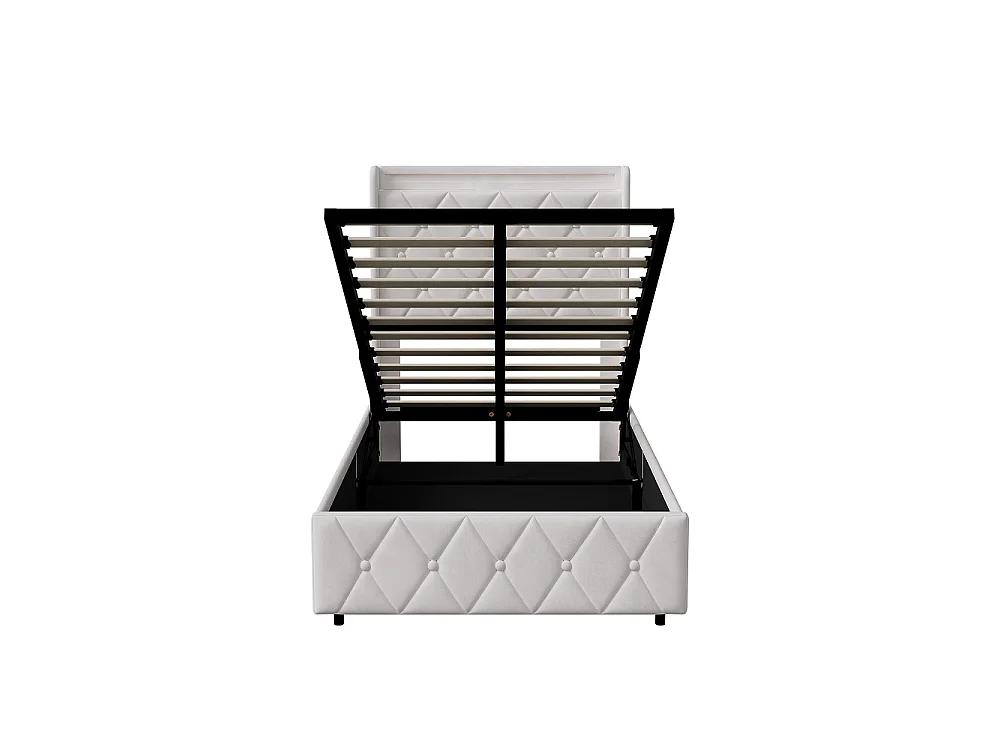 Lit rembourré 90 x 200 cm - Lit de rangement hydraulique avec LED & USB - Lit double avec espace de rangement et cadre à lames -Velvet - Beige