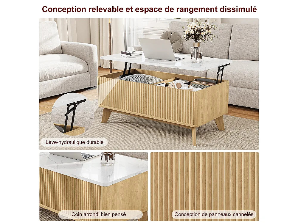 Table basse avec ascenseur 105×53×42 cm - Table à manger montante avec stockage caché - Faux marbre Table de coffre avec ascenseur - marron