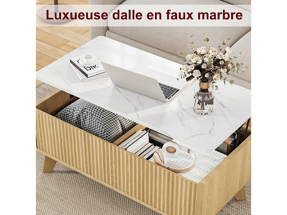 Table basse avec ascenseur 105×53×42 cm - Table à manger montante avec stockage caché - Faux marbre Table de coffre avec ascenseur - marron