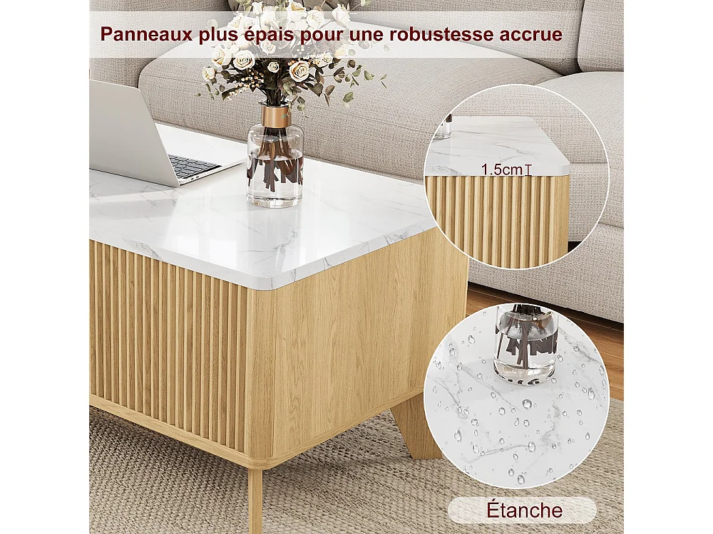 Table basse avec ascenseur 105×53×42 cm - Table à manger montante avec stockage caché - Faux marbre Table de coffre avec ascenseur - marron