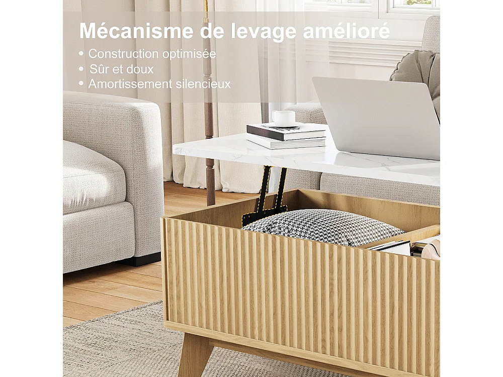 Table basse avec ascenseur 105×53×42 cm - Table à manger montante avec stockage caché - Faux marbre Table de coffre avec ascenseur - marron