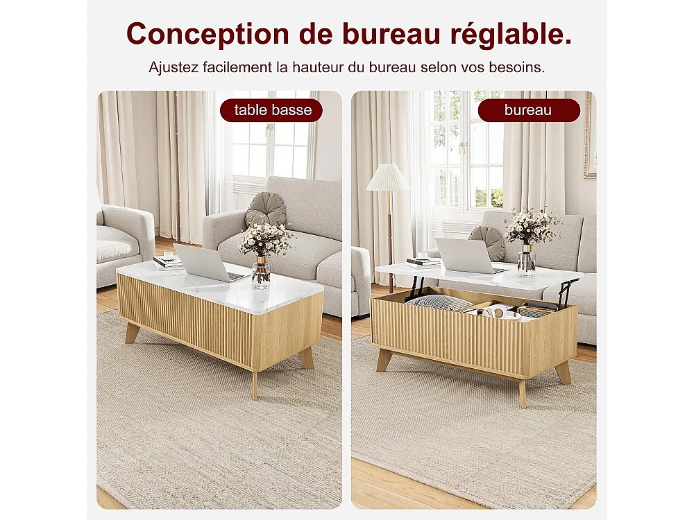Table basse avec ascenseur 105×53×42 cm - Table à manger montante avec stockage caché - Faux marbre Table de coffre avec ascenseur - marron