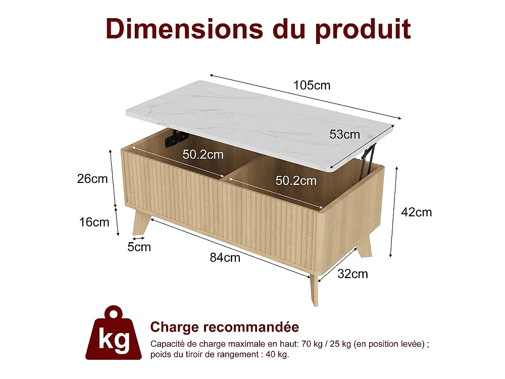Table basse avec ascenseur 105×53×42 cm - Table à manger montante avec stockage caché - Faux marbre Table de coffre avec ascenseur - marron