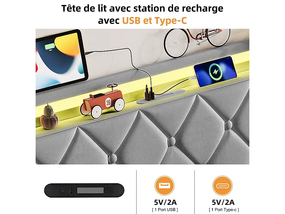 Lit rembourré 160 x 200 cm - Lit de rangement hydraulique avec LED et USB - Lit double avec espace de rangement et cadre à lames -Velvet - Gris