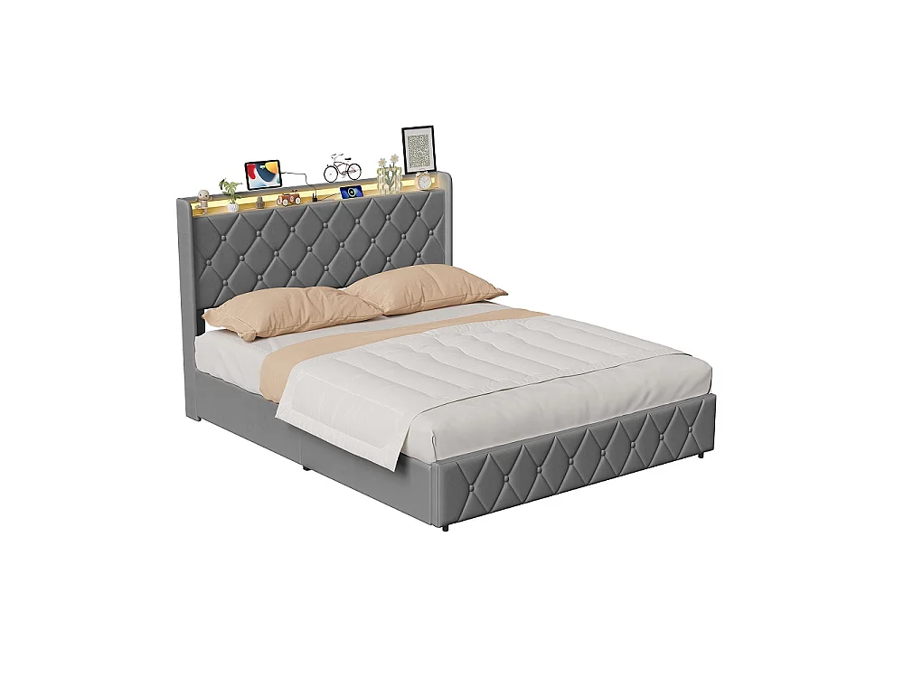 Lit rembourré 160 x 200 cm - Lit de rangement hydraulique avec LED et USB - Lit double avec espace de rangement et cadre à lames -Velvet - Gris