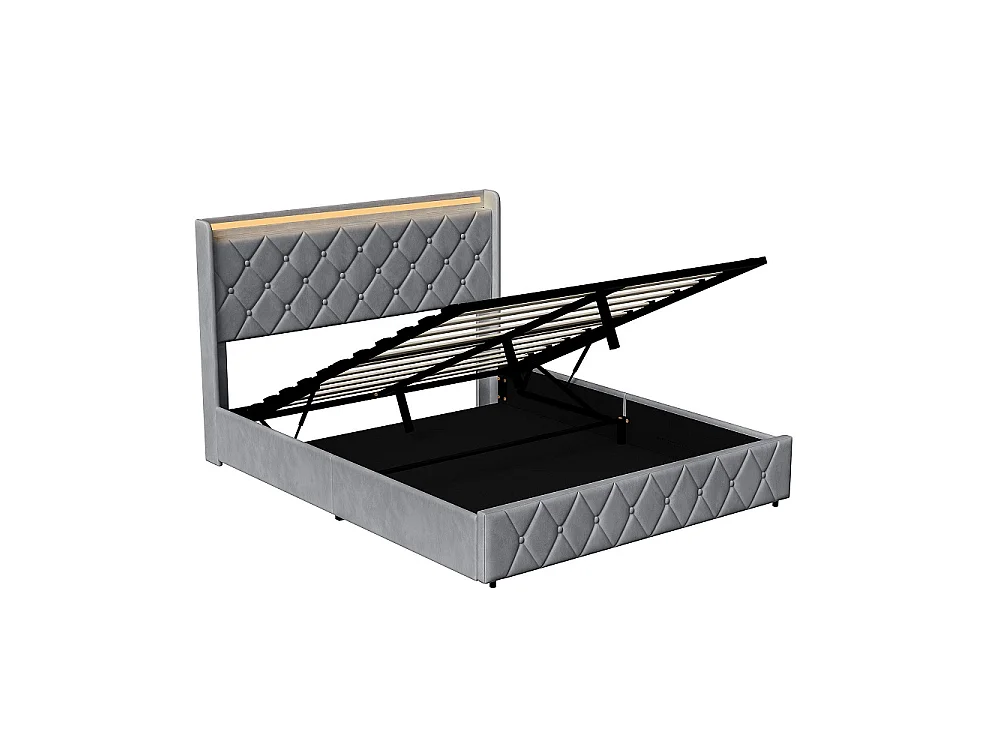 Lit rembourré 160 x 200 cm - Lit de rangement hydraulique avec LED et USB - Lit double avec espace de rangement et cadre à lames -Velvet - Gris