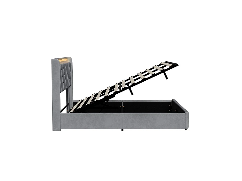 Lit rembourré 160 x 200 cm - Lit de rangement hydraulique avec LED et USB - Lit double avec espace de rangement et cadre à lames -Velvet - Gris