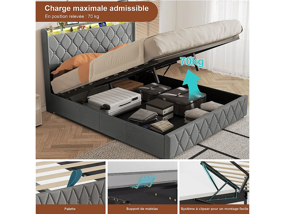 Lit rembourré 140 x 200 cm - Lit de rangement hydraulique avec LED et USB - Lit double avec espace de rangement et cadre à lames -Velvet - Gris