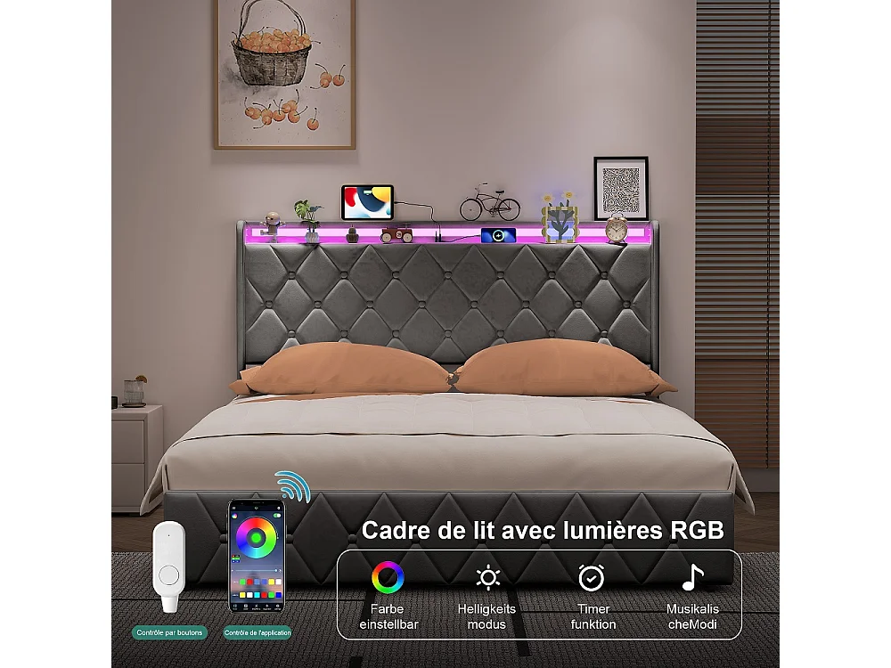 Lit rembourré 140 x 200 cm - Lit de rangement hydraulique avec LED et USB - Lit double avec espace de rangement et cadre à lames -Velvet - Gris