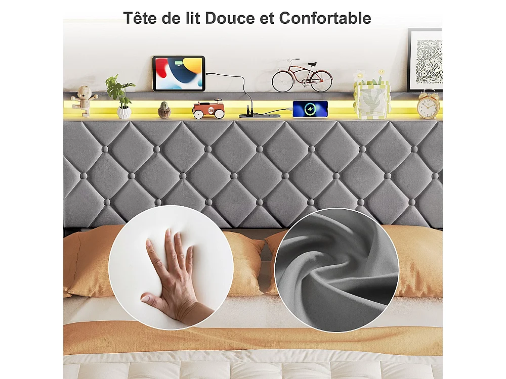 Lit rembourré 140 x 200 cm - Lit de rangement hydraulique avec LED et USB - Lit double avec espace de rangement et cadre à lames -Velvet - Gris