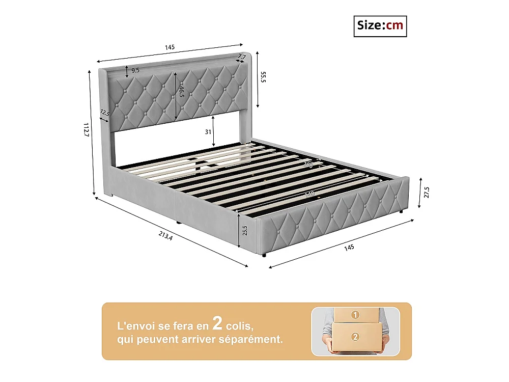 Lit rembourré 140 x 200 cm - Lit de rangement hydraulique avec LED et USB - Lit double avec espace de rangement et cadre à lames -Velvet - Gris