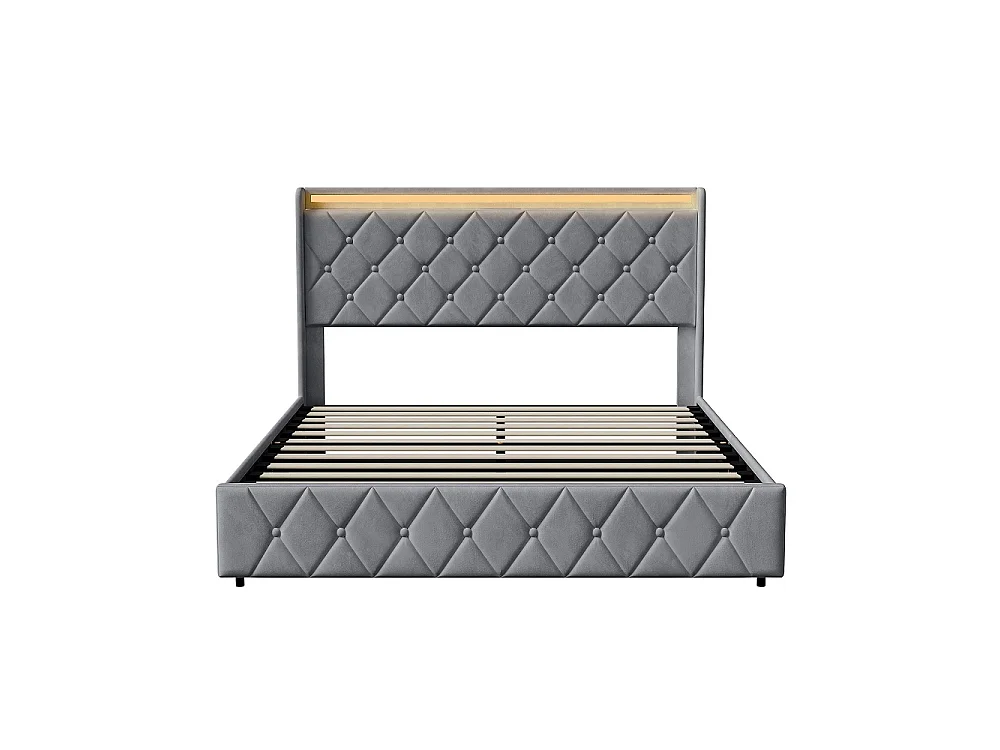 Lit rembourré 140 x 200 cm - Lit de rangement hydraulique avec LED et USB - Lit double avec espace de rangement et cadre à lames -Velvet - Gris