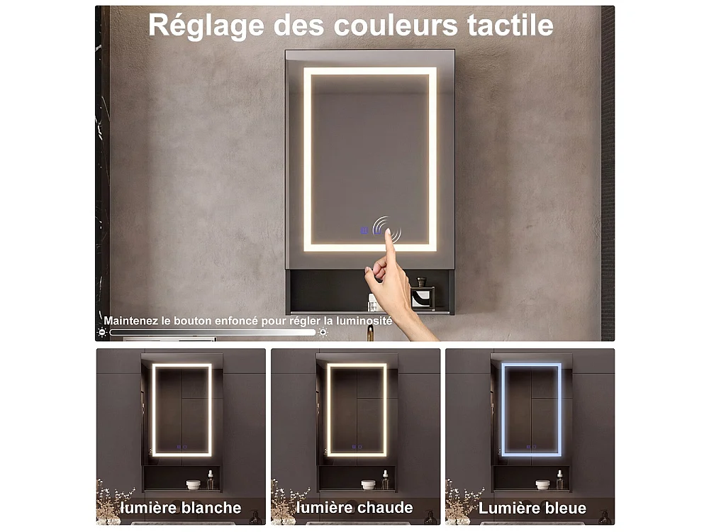 LED salle de bain miroir armoire 50 × 88 × 16 cm - Armoire monté sur le mur avec anti-brouillard et 3 couleurs lumière dimmable, angle de stockage ouvert et étagère