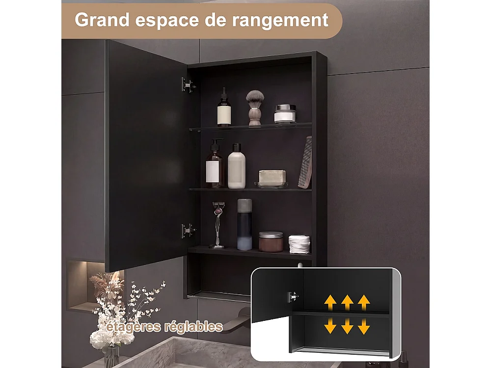 LED salle de bain miroir armoire 50 × 88 × 16 cm - Armoire monté sur le mur avec anti-brouillard et 3 couleurs lumière dimmable, angle de stockage ouvert et étagère