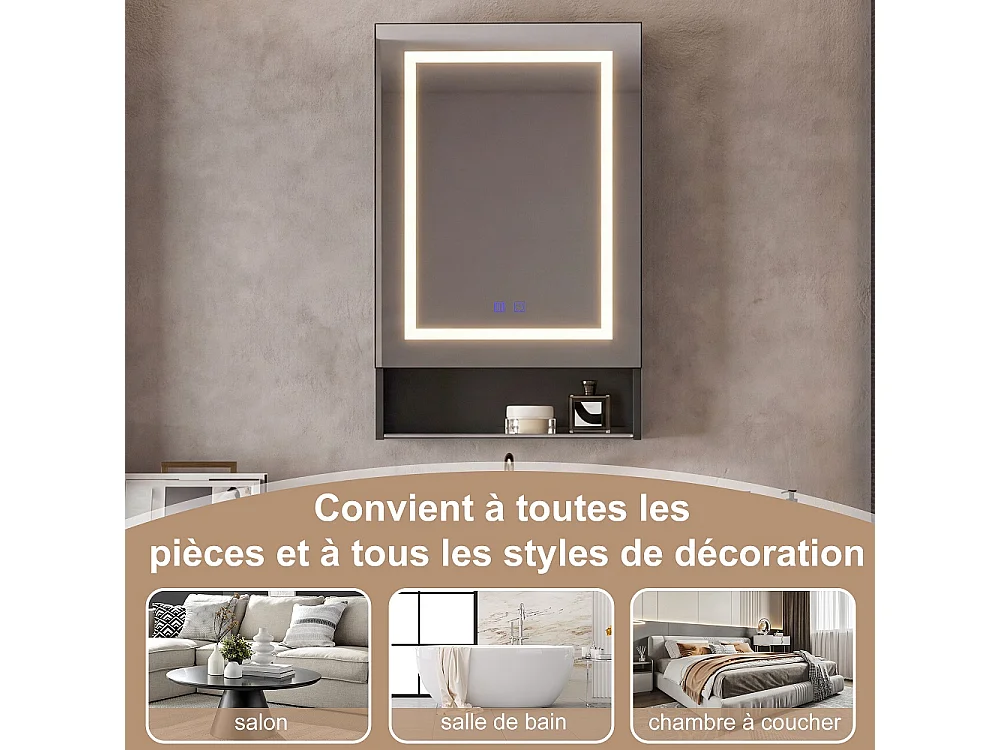 LED salle de bain miroir armoire 50 × 88 × 16 cm - Armoire monté sur le mur avec anti-brouillard et 3 couleurs lumière dimmable, angle de stockage ouvert et étagère