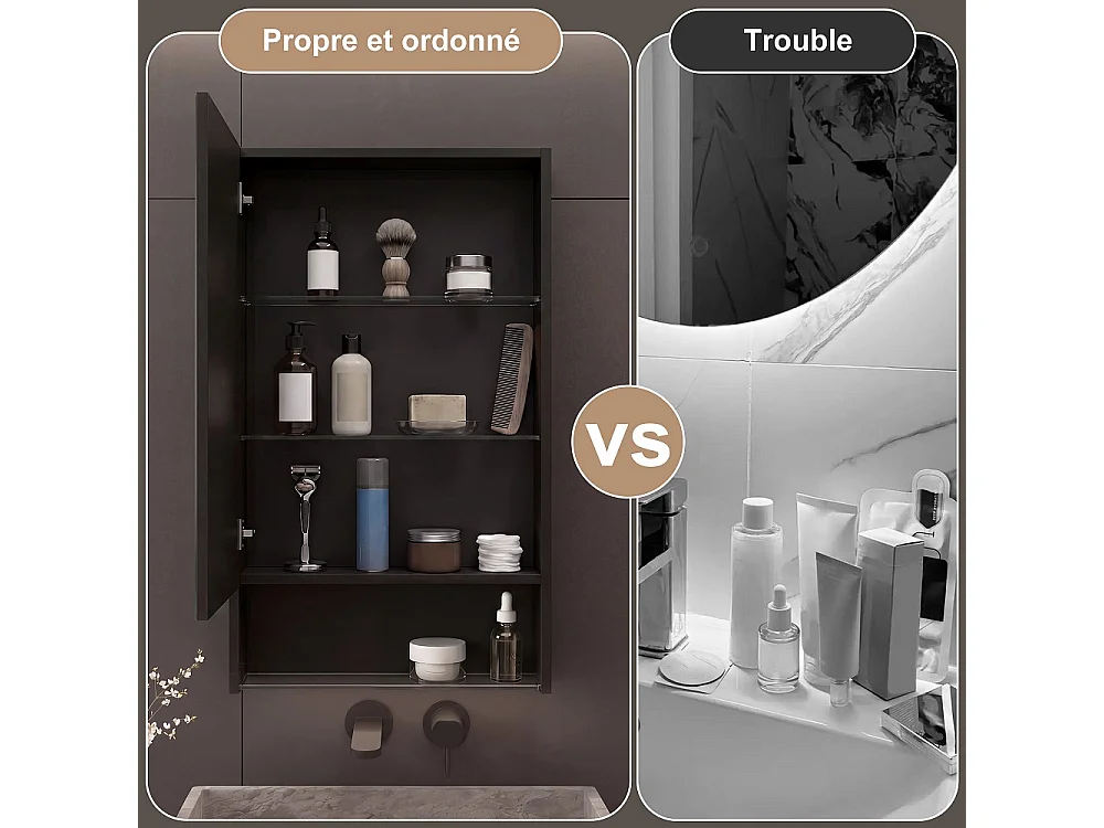 LED salle de bain miroir armoire 50 × 88 × 16 cm - Armoire monté sur le mur avec anti-brouillard et 3 couleurs lumière dimmable, angle de stockage ouvert et étagère