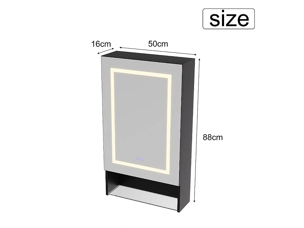 LED salle de bain miroir armoire 50 × 88 × 16 cm - Armoire monté sur le mur avec anti-brouillard et 3 couleurs lumière dimmable, angle de stockage ouvert et étagère
