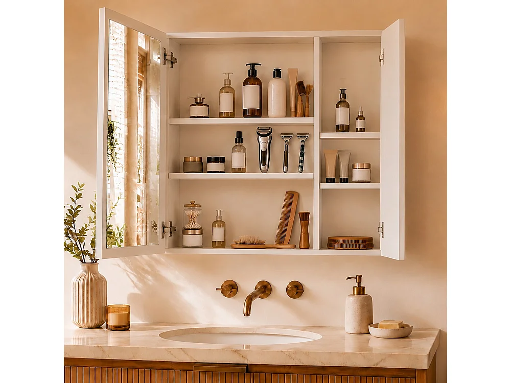 LED salle de bain miroir Cabinet 70 × 60cm - Double miroir porte cabinet de vanité avec fonction anti-brouillard, 3 couleur réglable lumière, contrôle tactile, étag