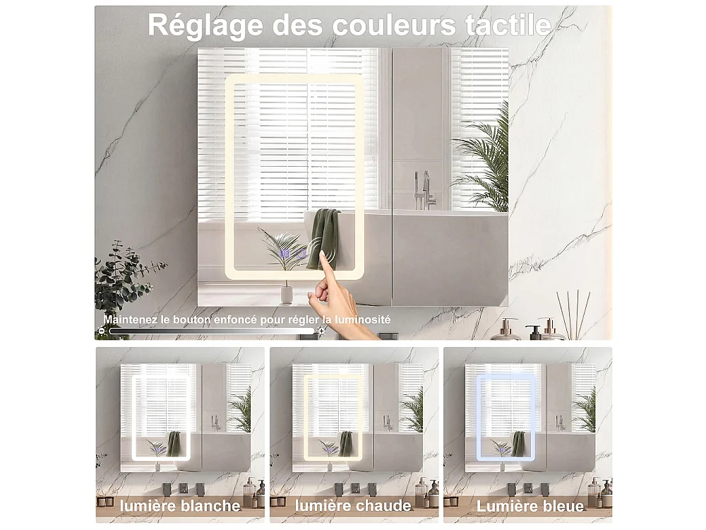 LED salle de bain miroir Cabinet 70 × 60cm - Double miroir porte cabinet de vanité avec fonction anti-brouillard, 3 couleur réglable lumière, contrôle tactile, étag