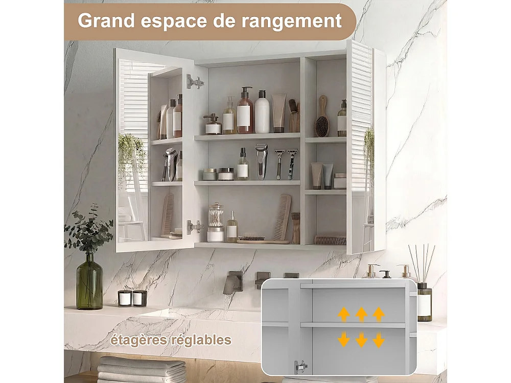 LED salle de bain miroir Cabinet 70 × 60cm - Double miroir porte cabinet de vanité avec fonction anti-brouillard, 3 couleur réglable lumière, contrôle tactile, étag