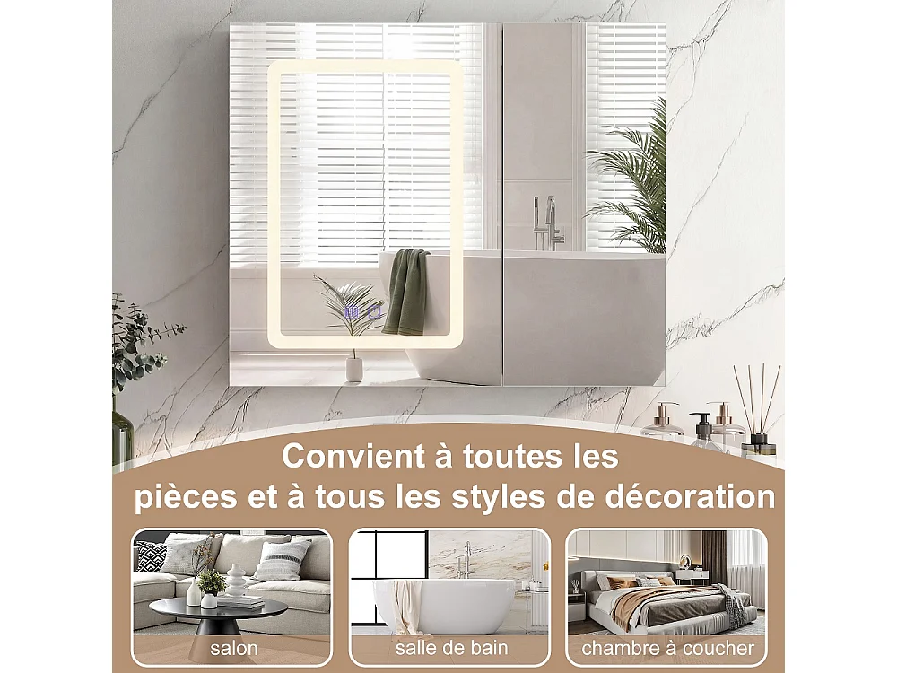 LED salle de bain miroir Cabinet 70 × 60cm - Double miroir porte cabinet de vanité avec fonction anti-brouillard, 3 couleur réglable lumière, contrôle tactile, étag
