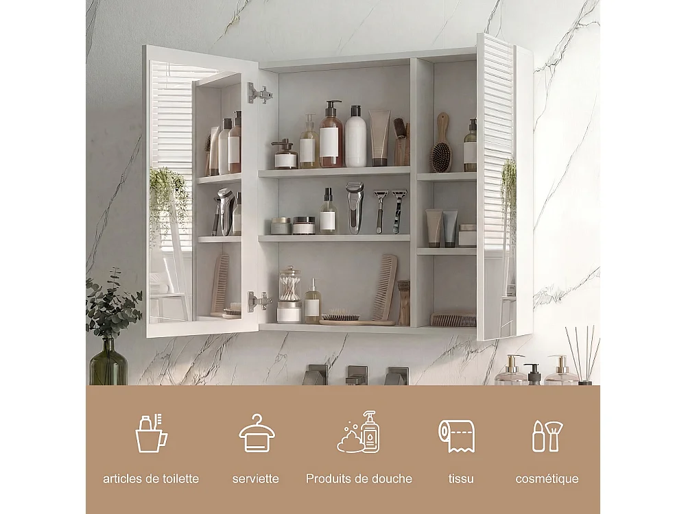 LED salle de bain miroir Cabinet 70 × 60cm - Double miroir porte cabinet de vanité avec fonction anti-brouillard, 3 couleur réglable lumière, contrôle tactile, étag