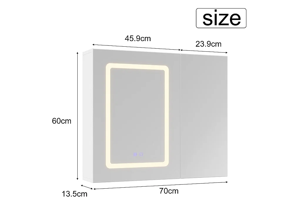 LED salle de bain miroir Cabinet 70 × 60cm - Double miroir porte cabinet de vanité avec fonction anti-brouillard, 3 couleur réglable lumière, contrôle tactile, étag