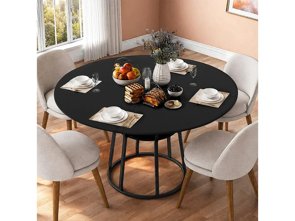 Table à manger ronde 120cm - Table de cuisine industrielle avec étagère de rangement et cadre métallique, pour 6 personnes - Bois - noir