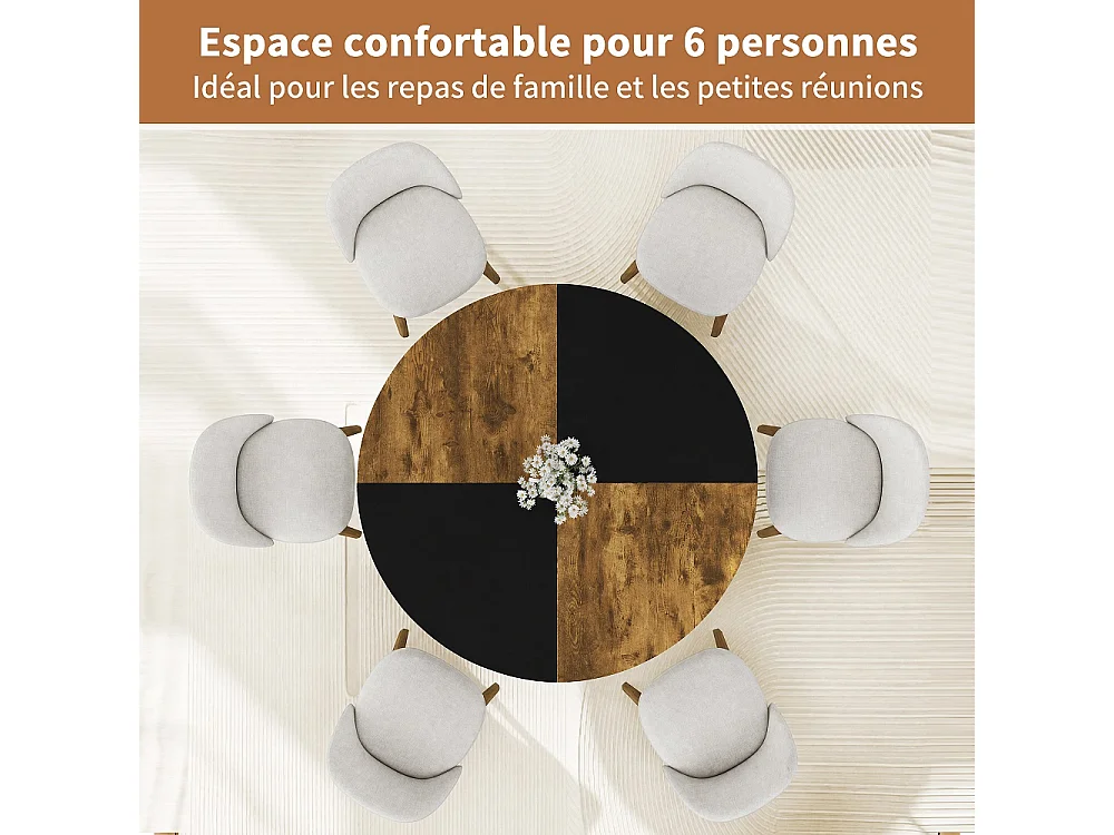 Table à manger ronde 120cm - Table de cuisine industrielle avec étagère de rangement et cadre métallique, pour 6 personnes - Bois - noir