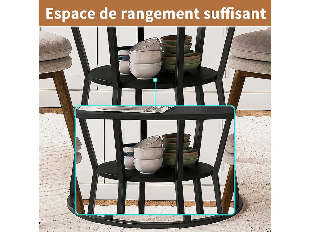 Table à manger ronde 120cm - Table de cuisine industrielle avec étagère de rangement et cadre métallique, pour 6 personnes - Bois - noir