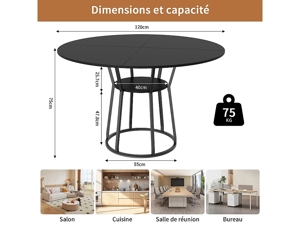 Table à manger ronde 120cm - Table de cuisine industrielle avec étagère de rangement et cadre métallique, pour 6 personnes - Bois - noir