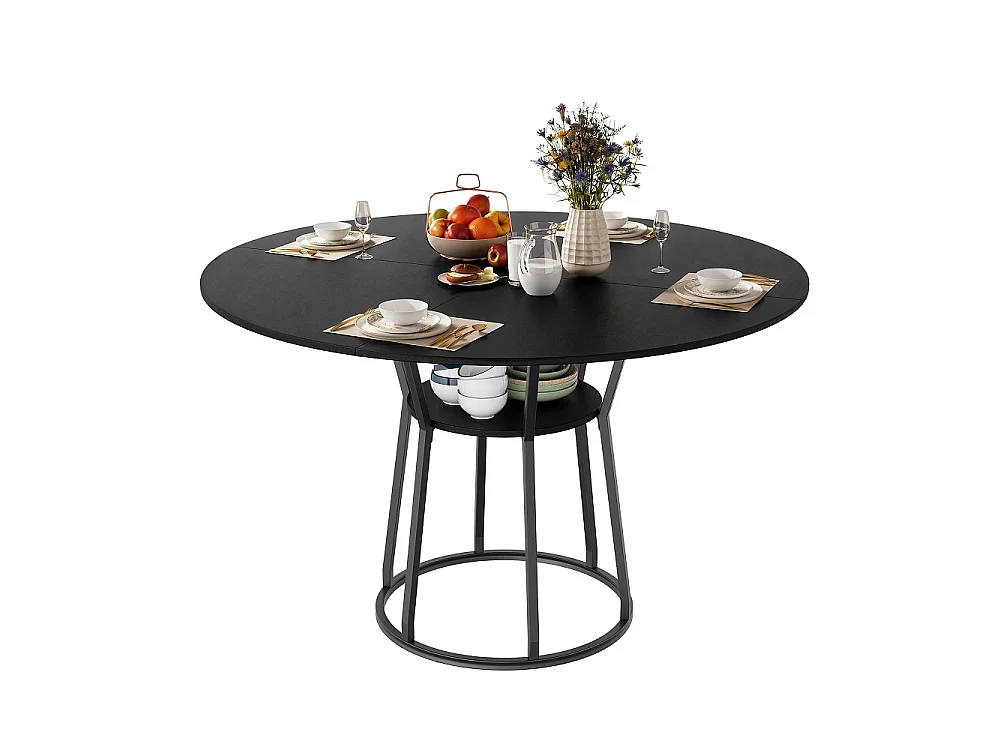 Table à manger ronde 120cm - Table de cuisine industrielle avec étagère de rangement et cadre métallique, pour 6 personnes - Bois - noir