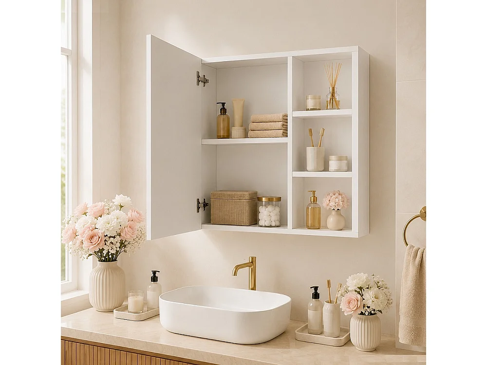 Cabinet de miroir de salle de bain 60 x 15 x 60 cm - Cabinet de rangement 1 porte avec éclairage réglable - fonction de défogage, porte-bagages ouverte - blanc