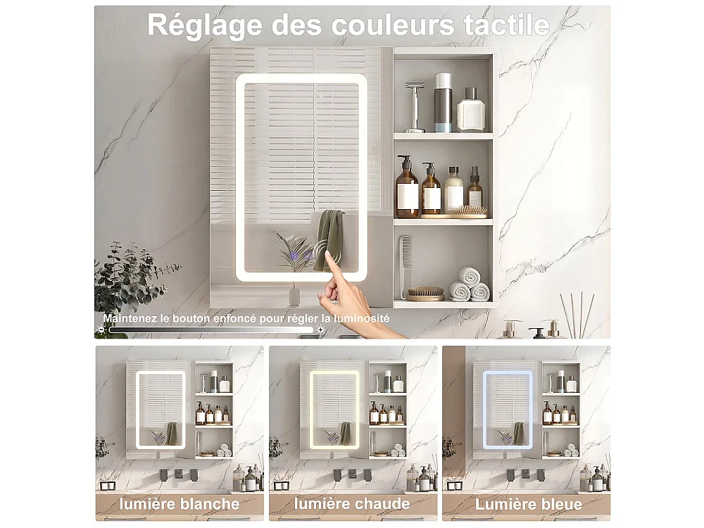 Cabinet de miroir de salle de bain 60 x 15 x 60 cm - Cabinet de rangement 1 porte avec éclairage réglable - fonction de défogage, porte-bagages ouverte - blanc
