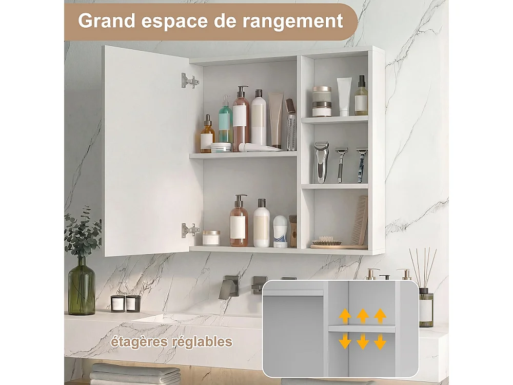 Cabinet de miroir de salle de bain 60 x 15 x 60 cm - Cabinet de rangement 1 porte avec éclairage réglable - fonction de défogage, porte-bagages ouverte - blanc