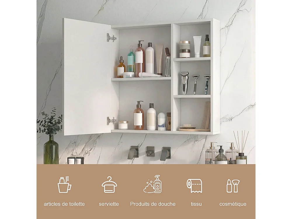 Cabinet de miroir de salle de bain 60 x 15 x 60 cm - Cabinet de rangement 1 porte avec éclairage réglable - fonction de défogage, porte-bagages ouverte - blanc
