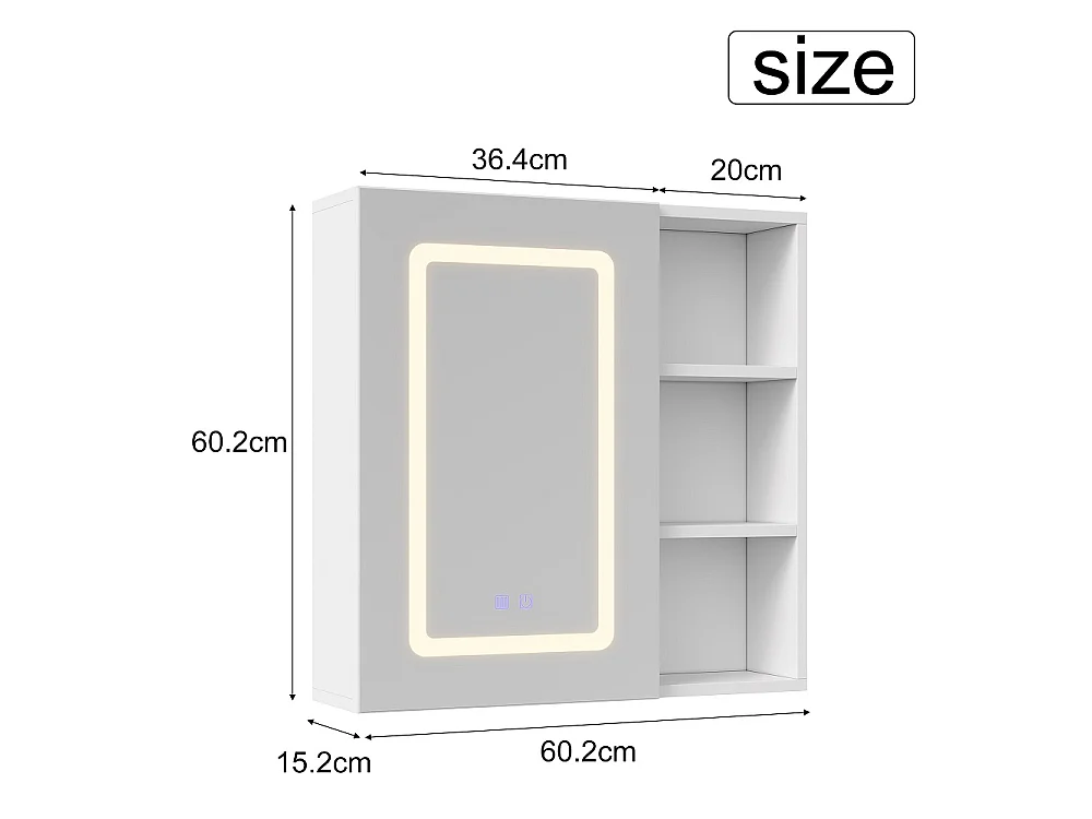 Cabinet de miroir de salle de bain 60 x 15 x 60 cm - Cabinet de rangement 1 porte avec éclairage réglable - fonction de défogage, porte-bagages ouverte - blanc