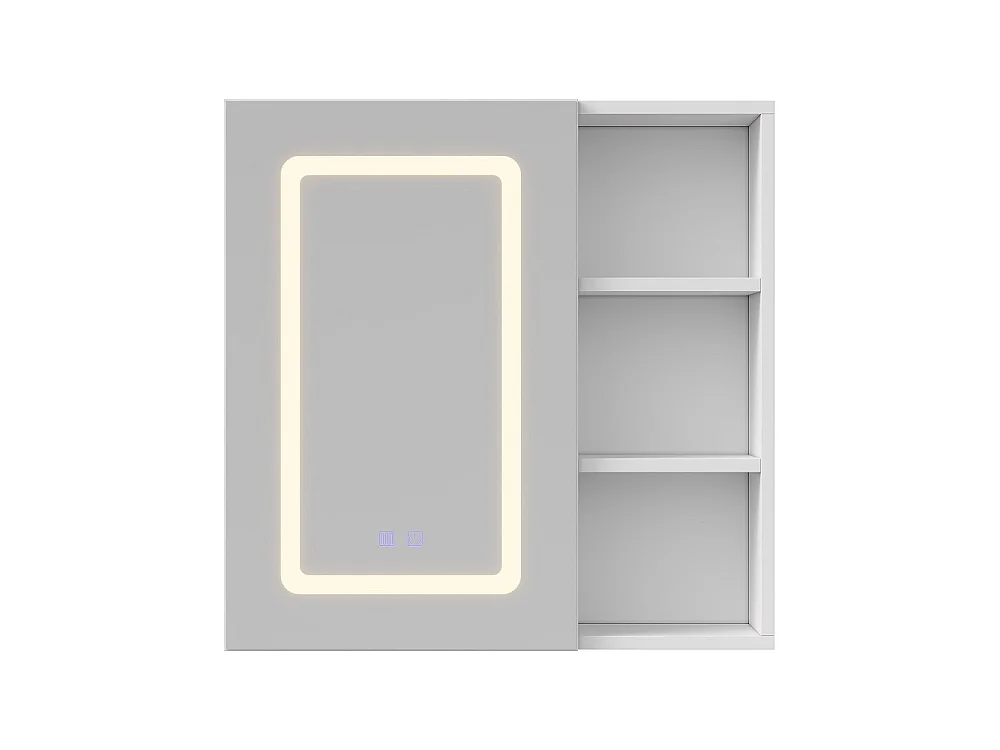 Cabinet de miroir de salle de bain 60 x 15 x 60 cm - Cabinet de rangement 1 porte avec éclairage réglable - fonction de défogage, porte-bagages ouverte - blanc
