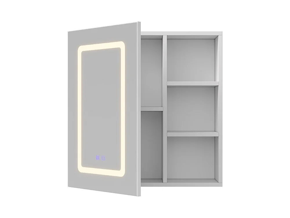 Cabinet de miroir de salle de bain 60 x 15 x 60 cm - Cabinet de rangement 1 porte avec éclairage réglable - fonction de défogage, porte-bagages ouverte - blanc