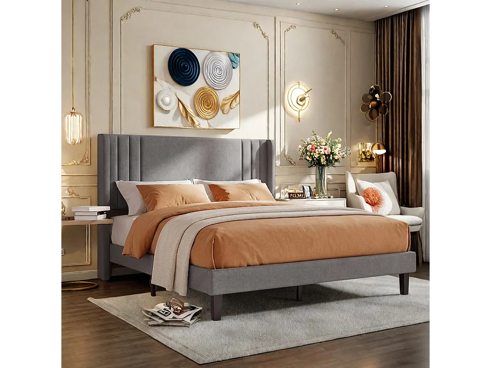 Lit rembourré 160x200 cm - Lit à plateforme basse avec tête à aile à canal vertical et support à lames en bois - Linge de maison - Gris