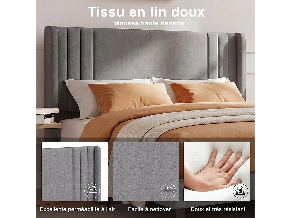 Lit rembourré 160x200 cm - Lit à plateforme basse avec tête à aile à canal vertical et support à lames en bois - Linge de maison - Gris