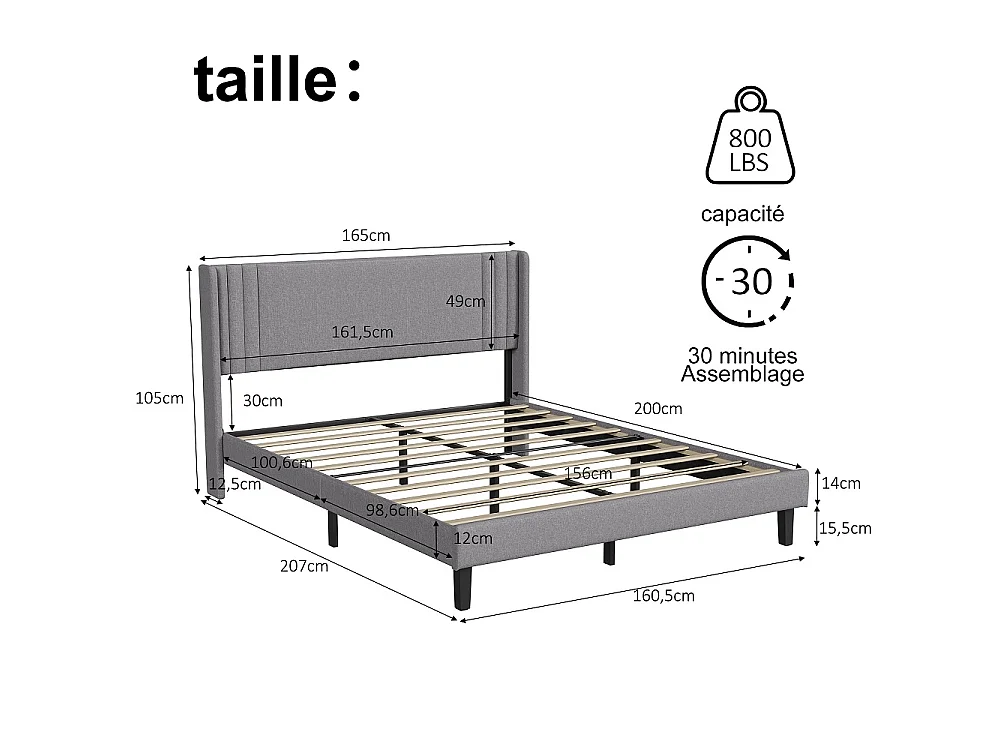 Lit rembourré 160x200 cm - Lit à plateforme basse avec tête à aile à canal vertical et support à lames en bois - Linge de maison - Gris